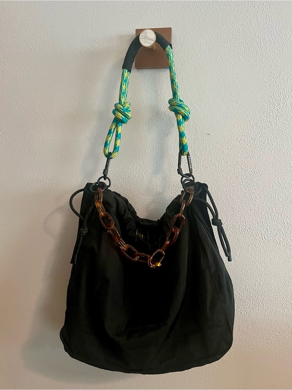 Rotunda Sant Hobo Bag with Tortoiseshell Chain and Green Accent Strap